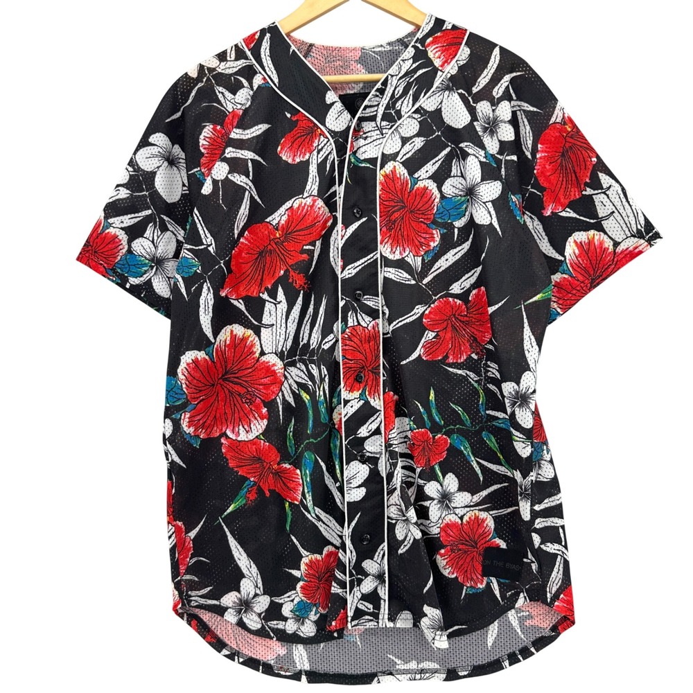 On The Byas Floral Hibiscus Mesh Baseball Jersey Black Red White SZ L Streetwear